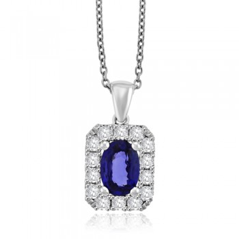 18ct White Gold Sapphire and Diamond Halo Pendant chain