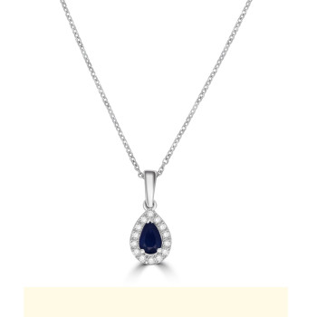18ct White Gold Sapphire Pear Diamond Halo pendant chain