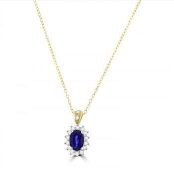 18ct Gold Sapphire and Diamond Oval cluster pendant chain