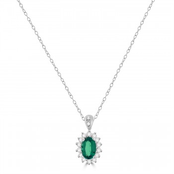 18ct White Gold Emerald and Diamond Cluster pendant chain