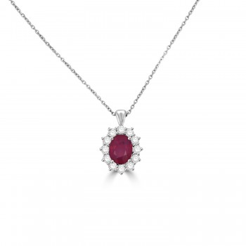 18ct White Gold Ruby and Diamond Oval Cluster pendant chain