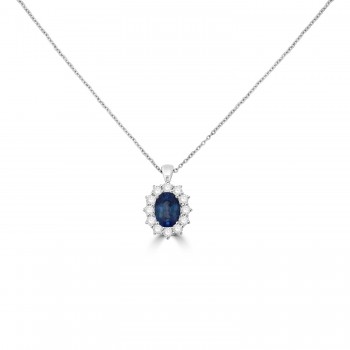 18ct White Gold Blue Sapphire Diamond cluster pendant chain