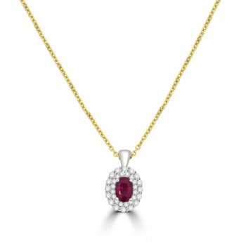 18ct Gold Ruby and Diamond Double Halo pendant chain