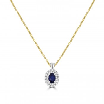 18ct Gold Sapphire and Diamond Double Halo pendant chain