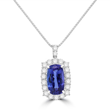 Platinum Long Cushion Tanzanite and Diamond pendant chain Platinum Long Cushion Tanzanite and Diamond pendant chain