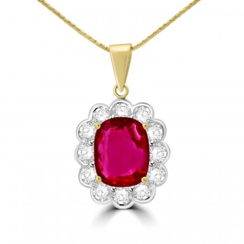 18ct Gold Ruby Cushion and Diamond Cluster pendant