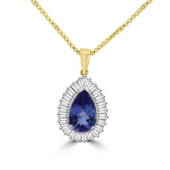 18ct Gold Pear Tanzanite and Diamond Baguette pendant