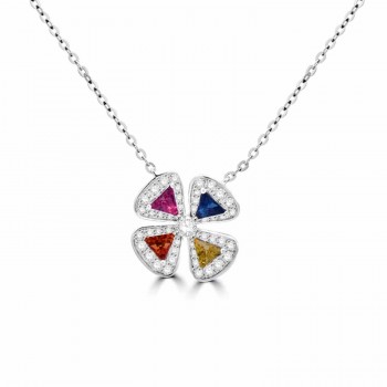 18ct White Gold Multi Coloured Sapphire Diamond pendant chain