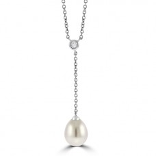 18ct White Gold Diamond & Cultured Pearl Drop Pendant