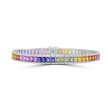 18ct White Gold Rainbow Sapphire Baguette & Diamond Bracelet
