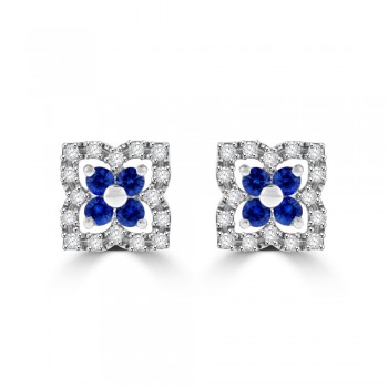 9ct White Gold Sapphire & Diamond Clover Cluster Stud Earrings