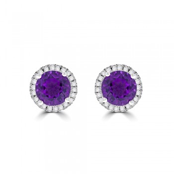 9ct White Gold Amethyst & Diamond Halo Stud Earrings
