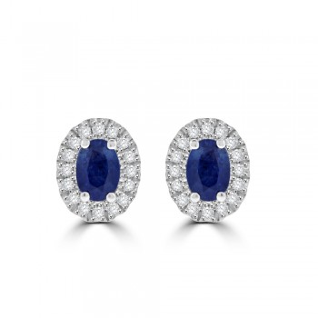 9ct Gold Sapphire & Diamond Oval Cluster Stud Earrings