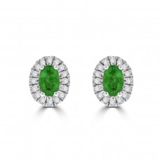 9ct Gold Emerald & Diamond Oval Halo Stud Earrings