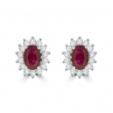9ct White Gold Ruby & Diamond Oval Cluster Stud Earrings