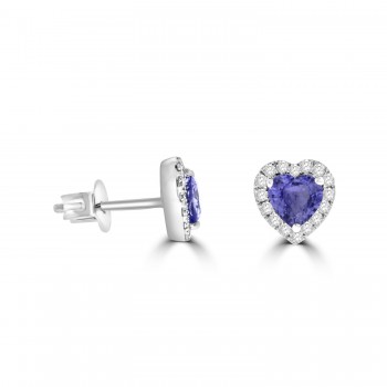 9ct White Gold Heart Sapphire Diamond Halo Stud Earrings