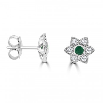 9ct White Gold Emerald and Diamond Daisy Stud Earrings
