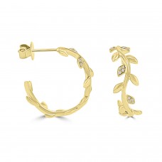 9ct Gold Leafy Hoop Earrings with Pave Diamond