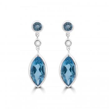 9ct Gold Blue Topaz and Diamond Marquise Drop Earrings