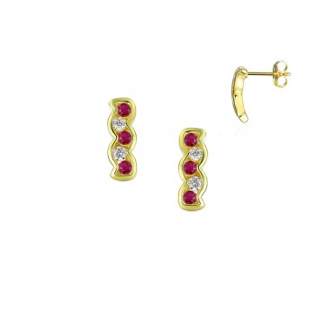 9ct Yellow Gold Diamond and Ruby Wave Studs.