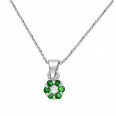 9ct White Gold Emerald & Diamond Daisy Cluster Pendant Chain
