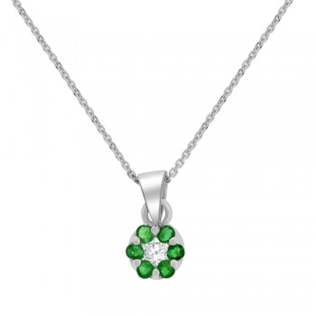 9ct White Gold Emerald & Diamond Daisy Cluster Pendant Chain