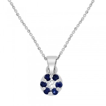 9ct White Gold Sapphire & Diamond Daisy Cluster Pendant Chain