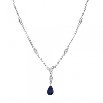 9ct White Gold Pear Sapphire & Diamond Pendant Chain