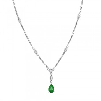 9ct White Gold Pear Emerald & Diamond Pendant Chain
