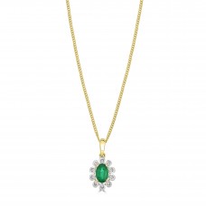 9ct Gold Emerald and Diamond Oval Cluster Pendant