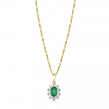 9ct Gold Emerald and Diamond Oval Cluster Pendant