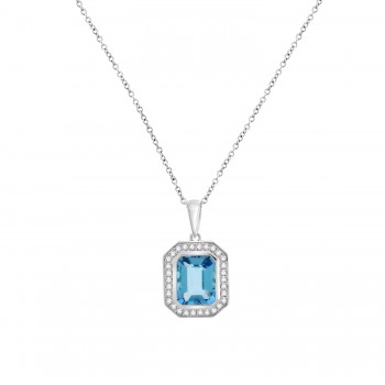 9ct White Gold Blue Topaz Diamond Halo pendant chain