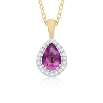 9ct Gold Purple Garnet Pear Diamond Halo pendant