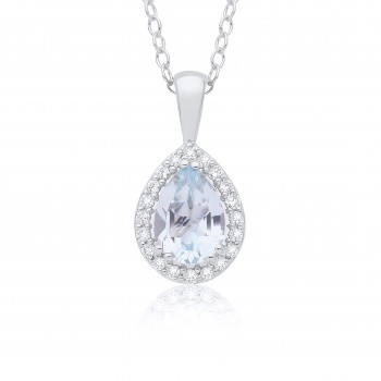 9ct White Gold Aquamarine Pear Diamond Halo pendant