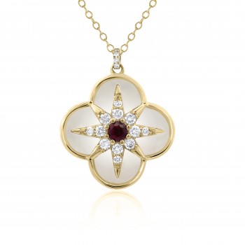 9ct Gold Ruby Diamond Mother of Pearl Clover pendant chain