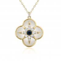 9ct Gold Sapphire Diamond Mother of Pearl clover pendant chain