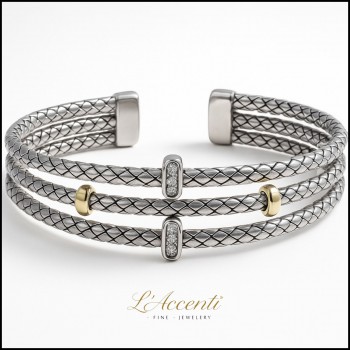 Sterling silver 18ct Gold Triple Strand Diamond Cuff Bangle
