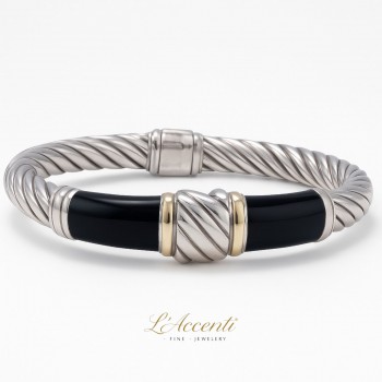 Sterling silver 18ct Gold Onyx Hinged Bangle