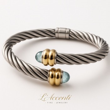 Sterling Silver 18ct gold Aquamarine Torque Bangle