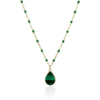 9ct Gold Malachite Pear Pendant Beaded Chain