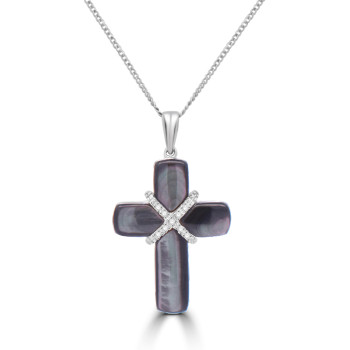 9ct White Gold Black Mother of Pearl Diamond Cross chain