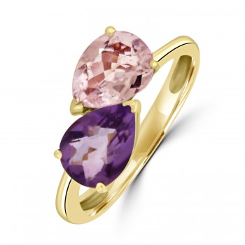 18ct Gold Amethyst and Morganite Pear Twist ring