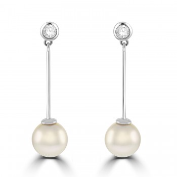 18ct White Gold Cultured Pearl Drop Diamond Earrings
