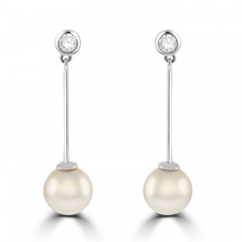 18ct White Gold Cultured Pearl Drop Diamond Earrings
