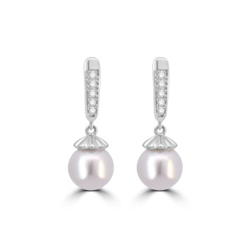 9ct White Gold Freshwater Pearl and Diamond drop earrings