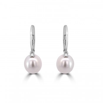 9ct White Gold Freshwater Pearl and Diamond Hook drop earrings