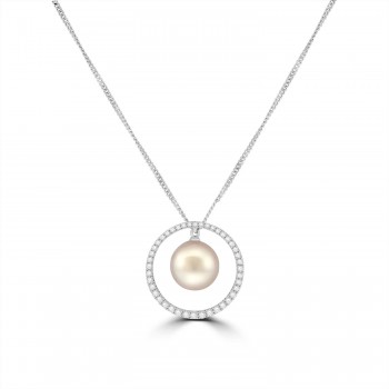 18ct White Gold Akoya Pearl Diamond Halo pendant chain