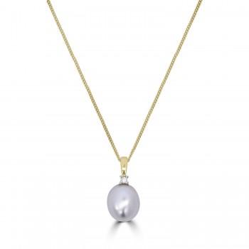 9ct Gold Freshwater Pearl and Diamond pendant chain