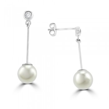 18ct White Gold Natural Akoya Pearl Drop Earring with Diamond