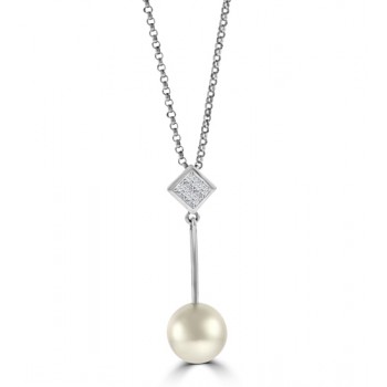 18ct White Gold Cultured Pearl & Diamond Drop Pendant